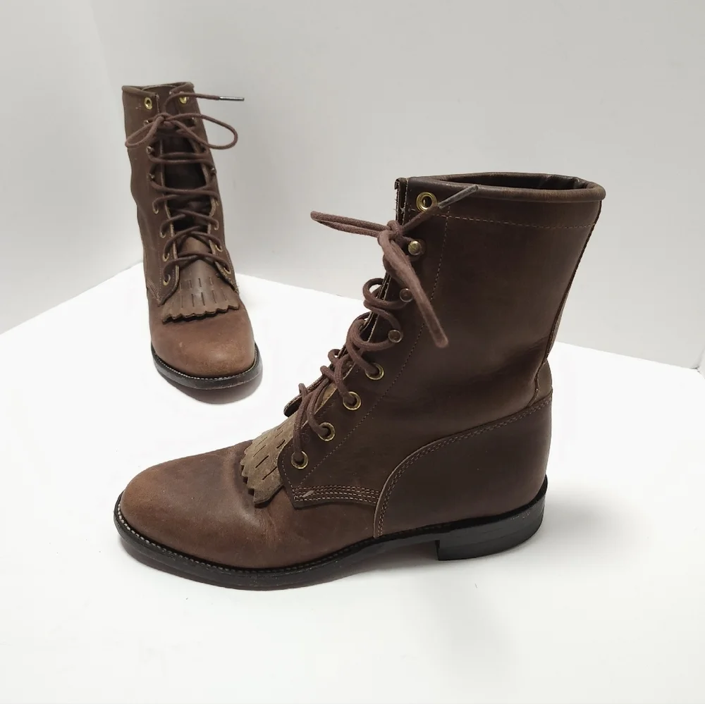 Justin Womens McKean Lace Up Boots Size 5.5 B Brown Leather Kiltie Roper - Picture 1 of 9